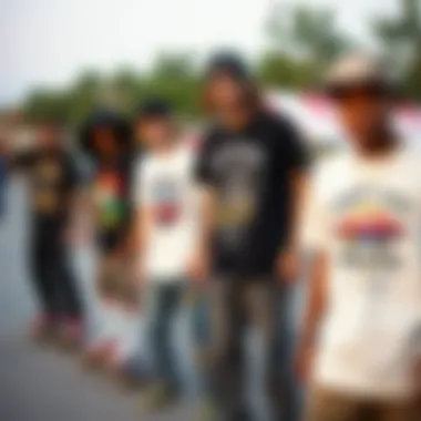 Group of skaters showcasing diverse styles in graphic tees