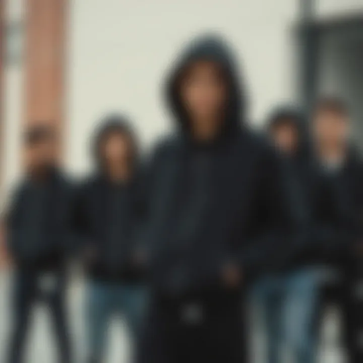 A fashionable group showcasing different styling options for the black full zip hoodie.