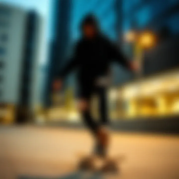 A skateboarder wearing a black full zip hoodie in an urban setting.
