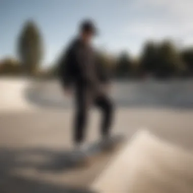 Urban skate park scene featuring skaters wearing black baggy sweatpants