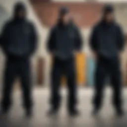 A group of skateboarders showcasing their stylish black baggy sweatpants