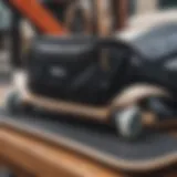 Close-up of a stylish black fanny pack with skateboards in the background