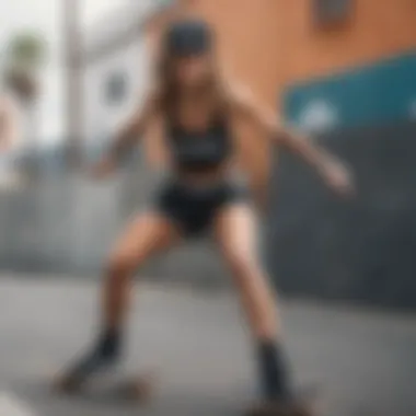 Skater girl showcasing her black fanny pack while performing a trick