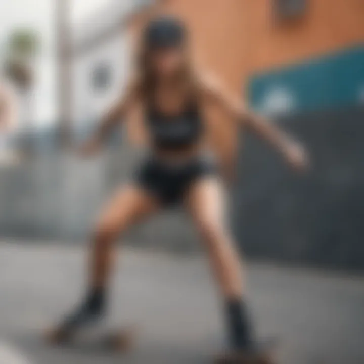 Skater girl showcasing her black fanny pack while performing a trick