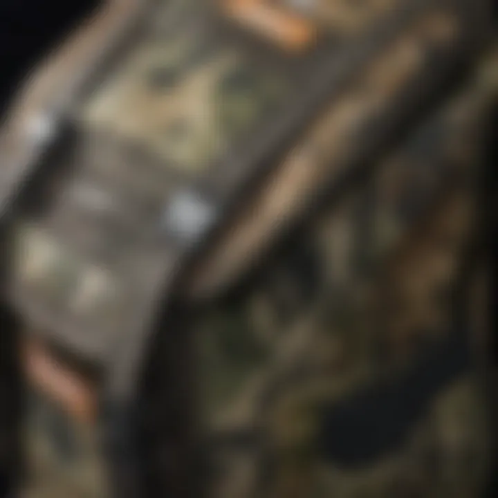 A close-up of the material and stitching details of a camo backpack.