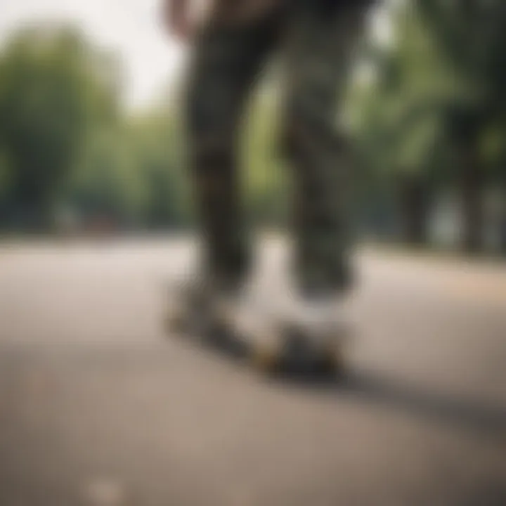 A skateboarder using a camo backpack while performing tricks.