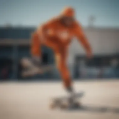 Dynamic urban skate scene featuring orange camo pants