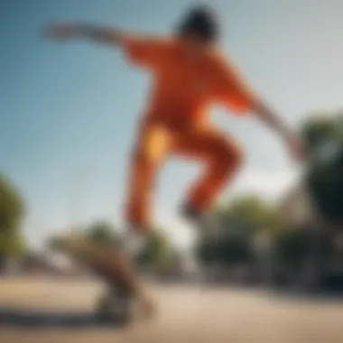 Skateboarder performing tricks in vibrant orange camo pants