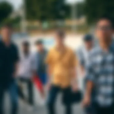 Skateboarders in Button Down Shirts A group of skateboarders wearing relaxed fit button down shirts in a skate park