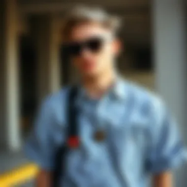 Stylish Pairing of Button Down and Skate Accessories A stylish individual pairing a relaxed fit button down shirt with skate accessories