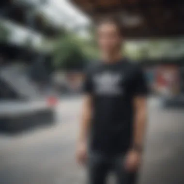 A black Adidas t-shirt displayed in an urban skate park setting