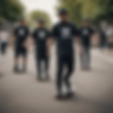 A group of skateboarders wearing black Adidas t-shirts during a session