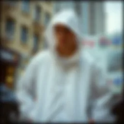 Classic white hooded windbreaker in urban skate setting