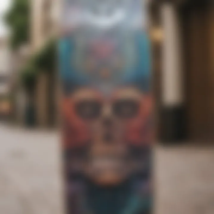 A skateboard deck adorned with vibrant artwork