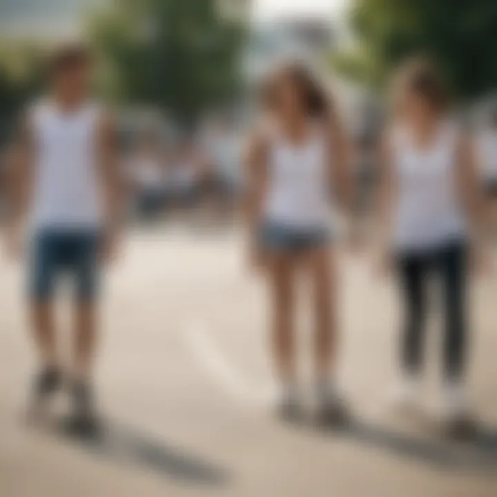 A group of friends enjoying a skate session, all sporting Tilly's white tank top, reflecting the community vibe.