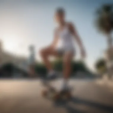 A collection of skateboard gear with Tilly's white tank top, emphasizing the lifestyle aspect of skateboarding.