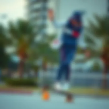 Skateboarding in Tommy Hilfiger Matching Set A skateboarder showcasing a colorful Tommy Hilfiger matching set while performing a trick