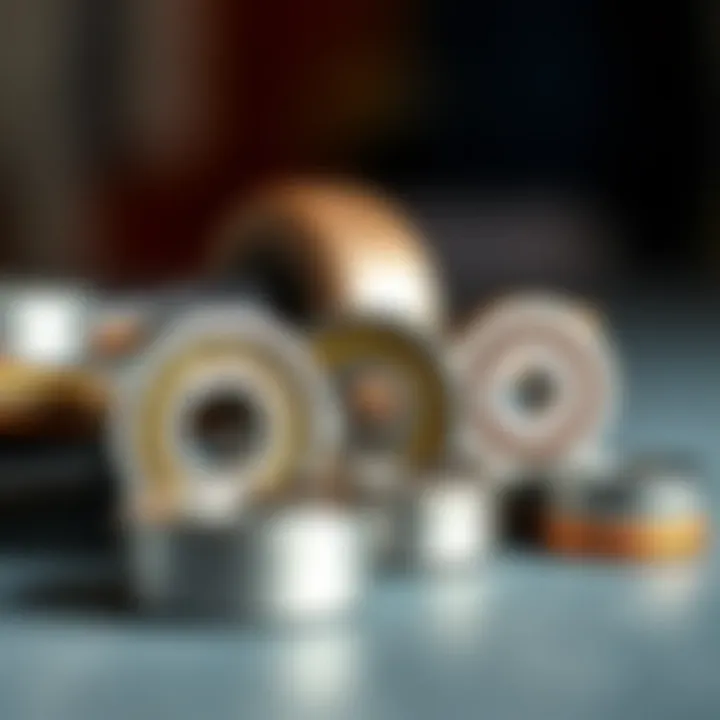 Different types of longboard bearings arranged for comparison