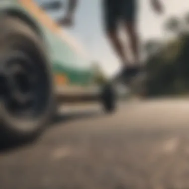 Longboard in action, demonstrating the impact of trucks and wheels during a ride.