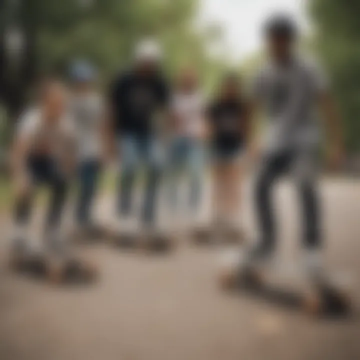 Group of diverse skaters using penny boards in a park