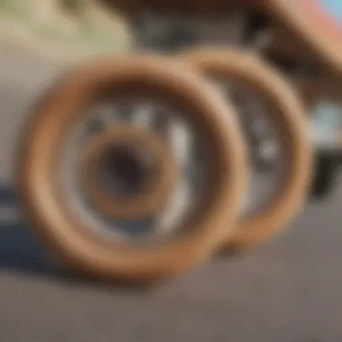 Close-up view of penny board wheels and deck, highlighting material quality.