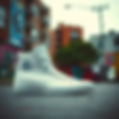 Artistic representation of the White Chuck Taylor All Star Move Hi Sneakers against a vibrant urban backdrop