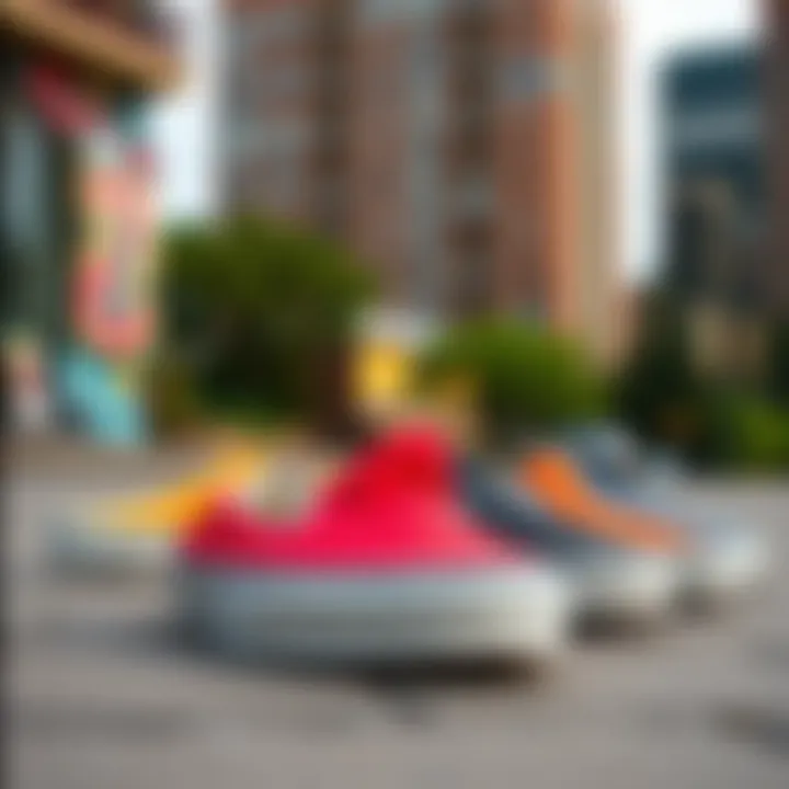 Urban Vibe with Colorful Slip-On Vans A collection of colorful slip-on Vans showcased in urban setting