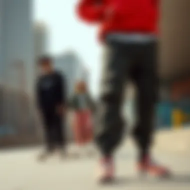 Stylish urban setting featuring a group of skaters wearing Nike cargo sweatpants.