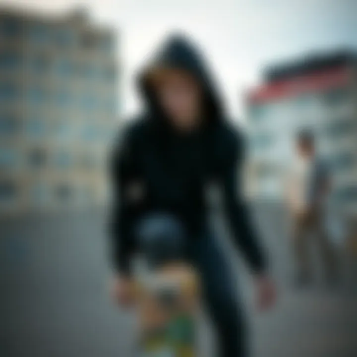 An urban setting featuring a skater wearing a black hoodie in motion.