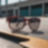 Stylish Vans checkerboard sunglasses on a skateboard