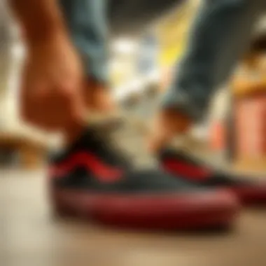 Close-up of a skater lacing up classic Vans sneakers