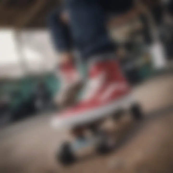 A close-up of a skateboarder wearing customized Vans shoes