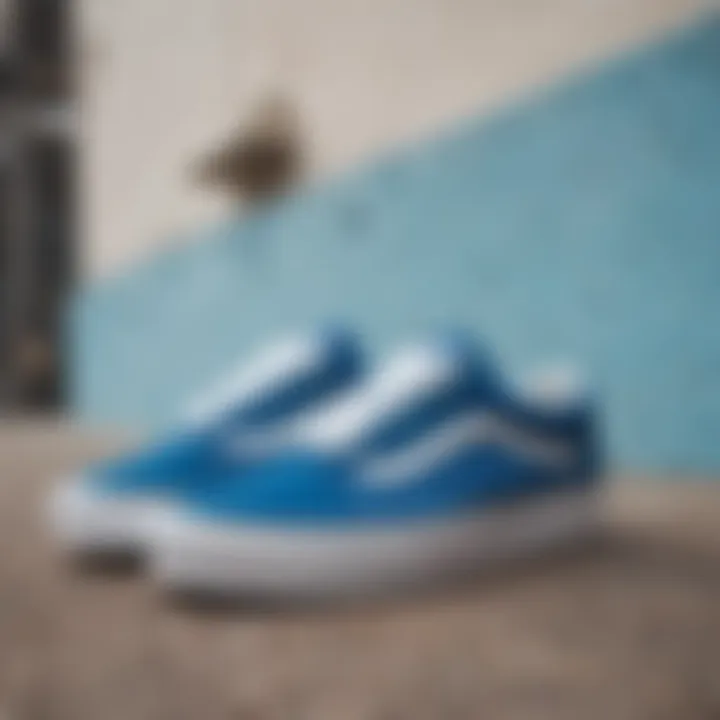 Vans Old Skool White Blue displayed against a skateboarding backdrop