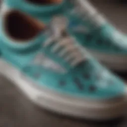 Close-up view of Vans teal checkered shoes showcasing unique design elements.