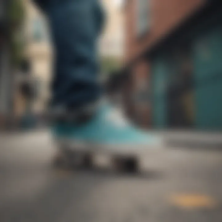 Skateboarder performing tricks wearing Vans teal checkered shoes in an urban setting.