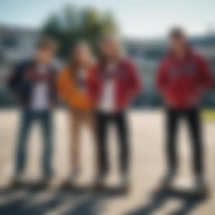 Group of teens wearing varsity jackets while skateboarding