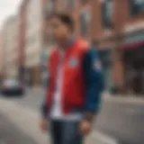 A trendy varsity jacket displayed against a vibrant urban backdrop