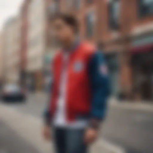 A trendy varsity jacket displayed against a vibrant urban backdrop