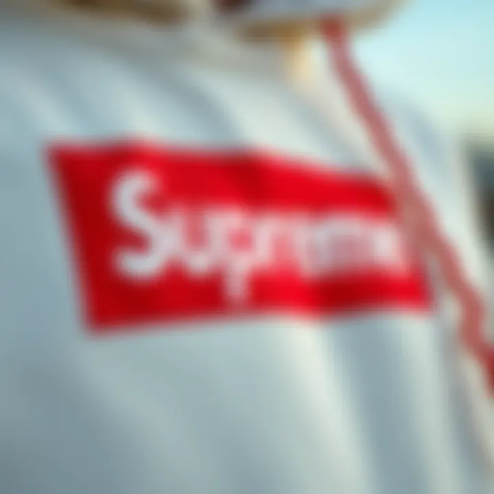 Close-up of Supreme logo on a hoodie, showcasing quality and detail