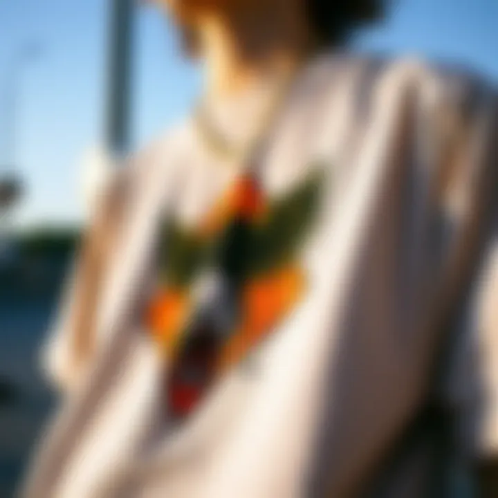 Close-up of a unique graphic design on an oversized tee