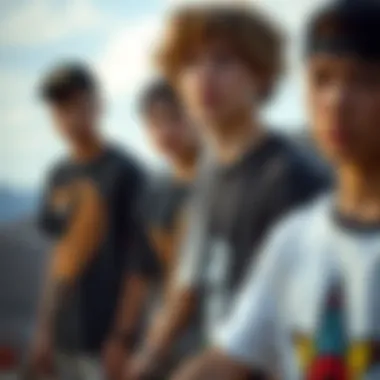 A group of young skaters wearing unique t-shirts, embodying their personal styles and identities