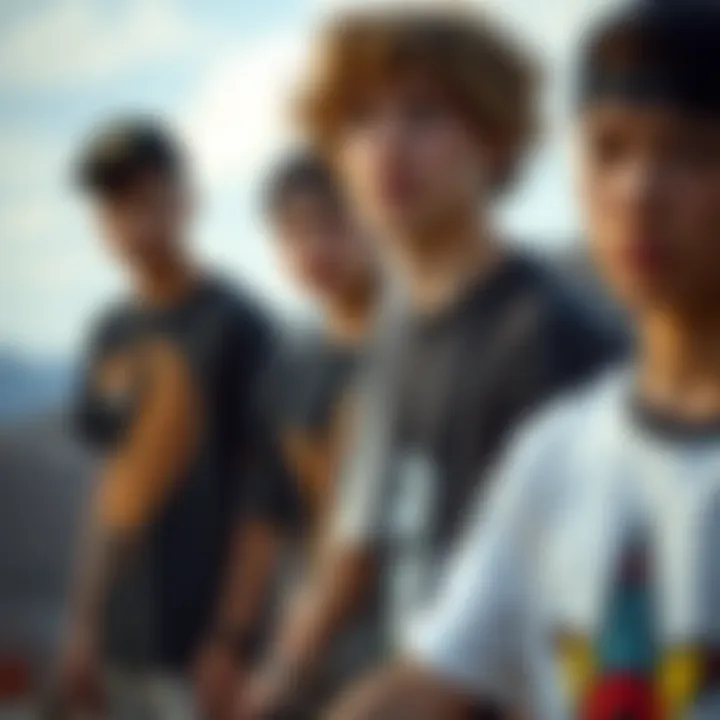 A group of young skaters wearing unique t-shirts, embodying their personal styles and identities