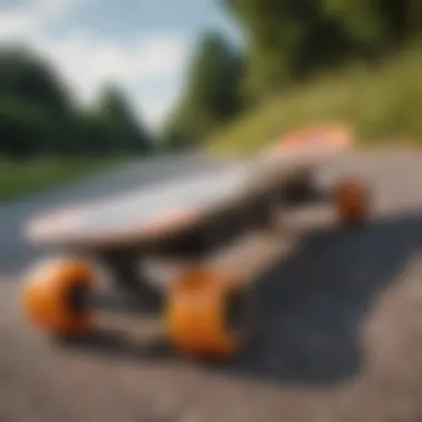 Close-up of the Zealot electric skateboard showcasing its sleek design and vibrant colors