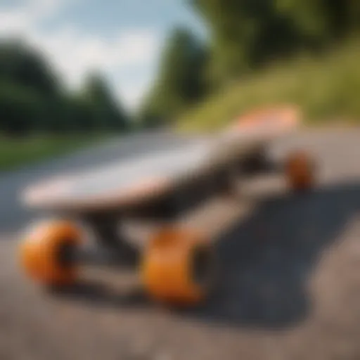 Close-up of the Zealot electric skateboard showcasing its sleek design and vibrant colors