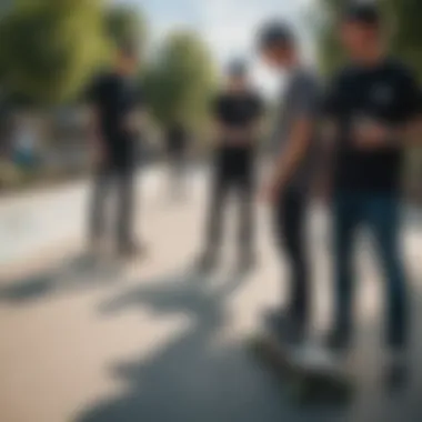 A group of skateboard enthusiasts discussing the Zealot electric skateboard at a skatepark