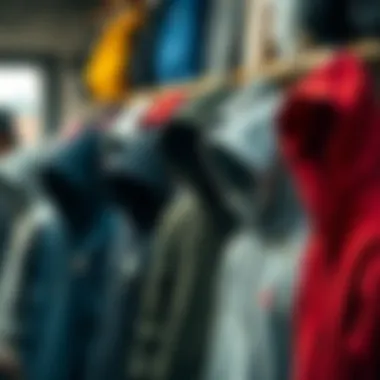 Variety of Zip-Up Hood Sweatshirts An array of zip-up hood sweatshirts in various colors and designs displayed in a skate shop, highlighting fashion diversity.